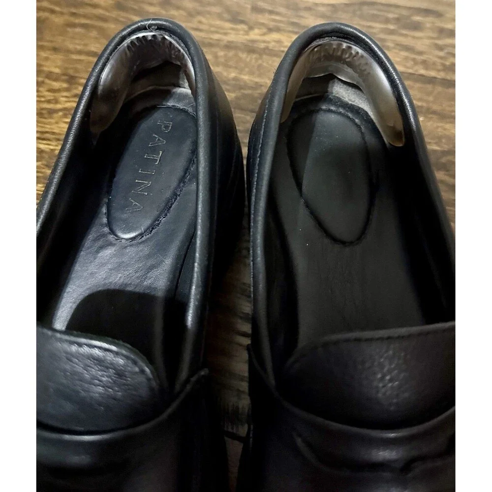 Patina Black Leather Penny Loafers Womens 7.5/EU37.5 Chunky Lug Sole Style 13451